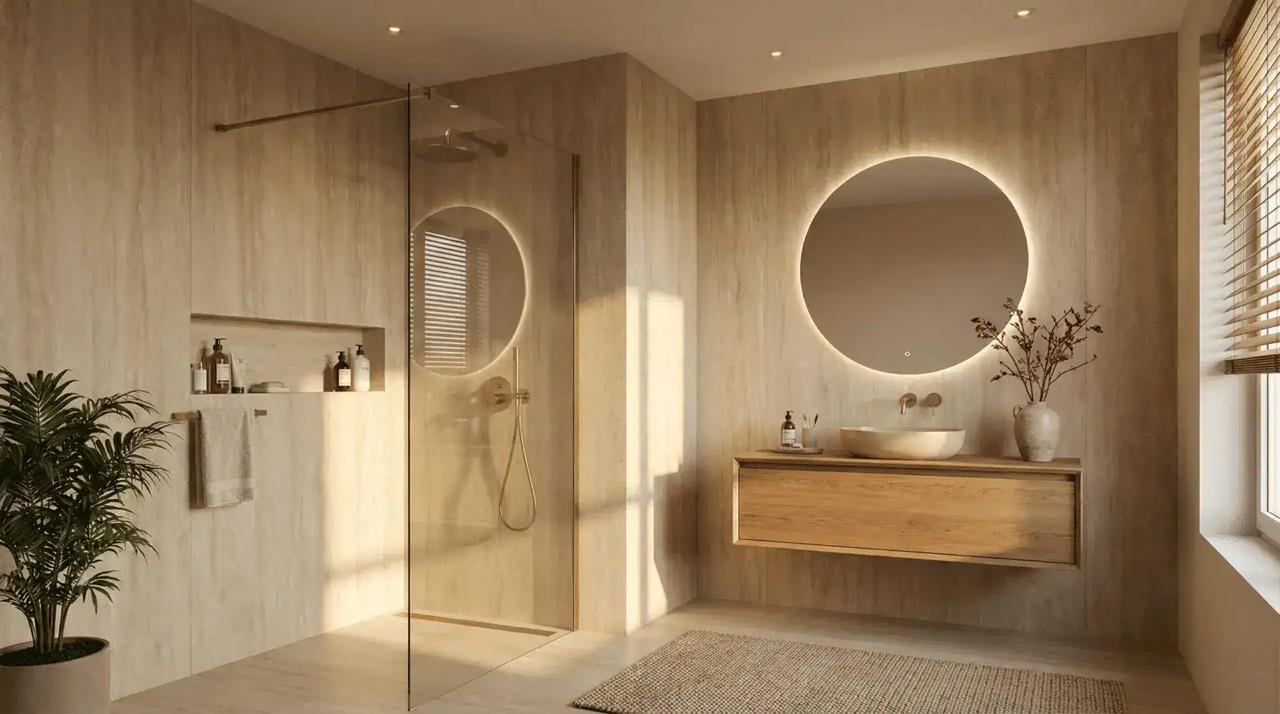 Natuursteen en marmer panelen in een warme badkamer