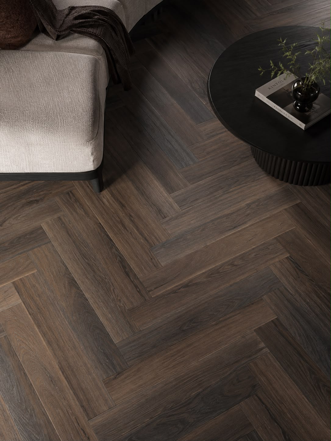 Donkere Plak PVC vloer in visgraatpatroon