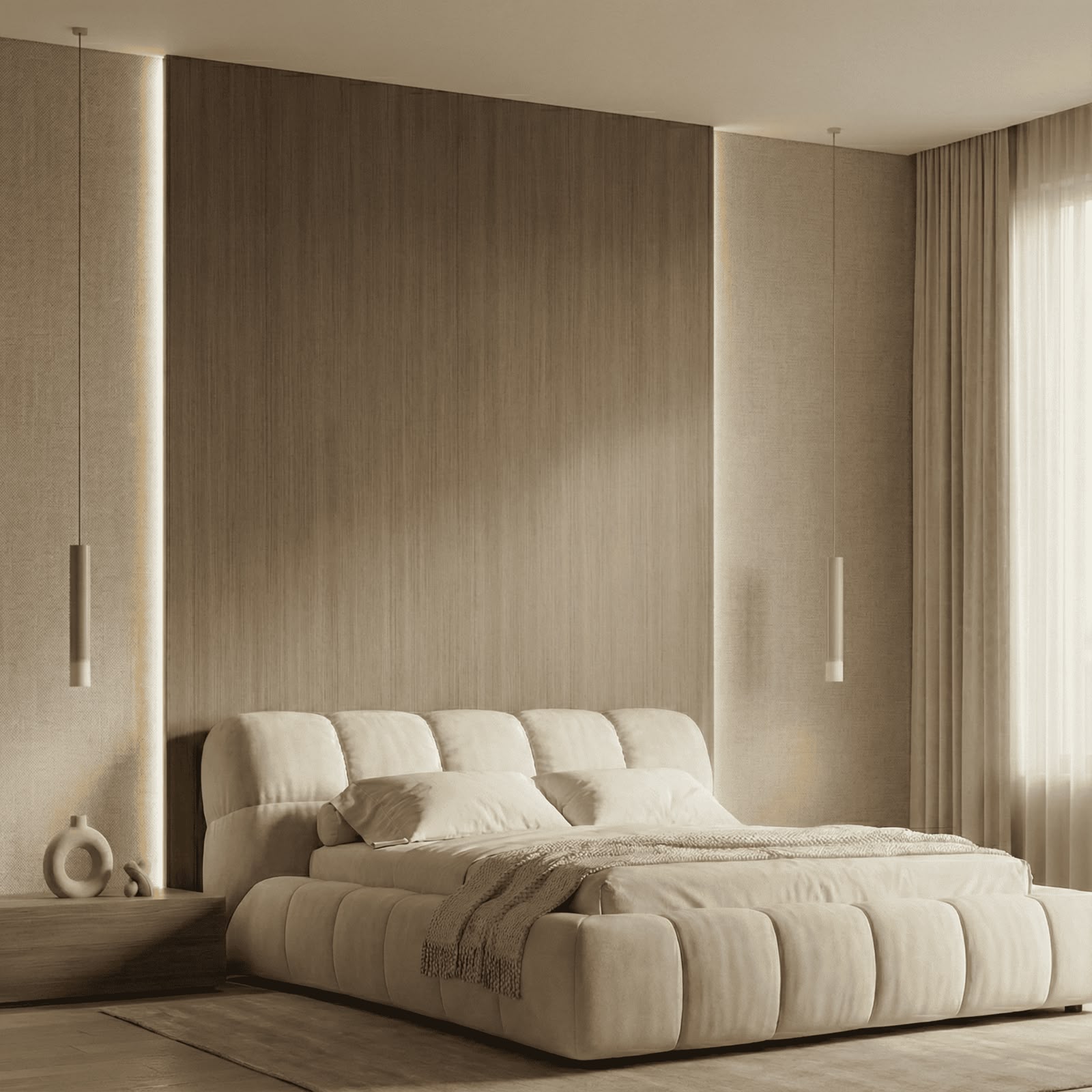 Zachte textiel wandpanelen achter een bed