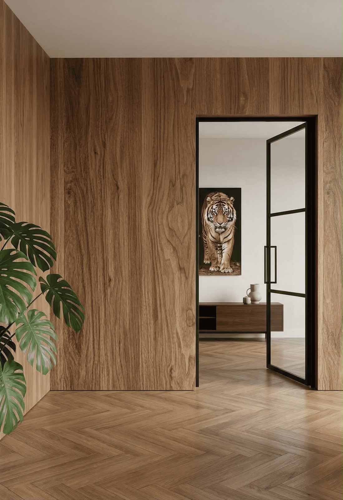 Houten wandpanelen rond een moderne deuropening