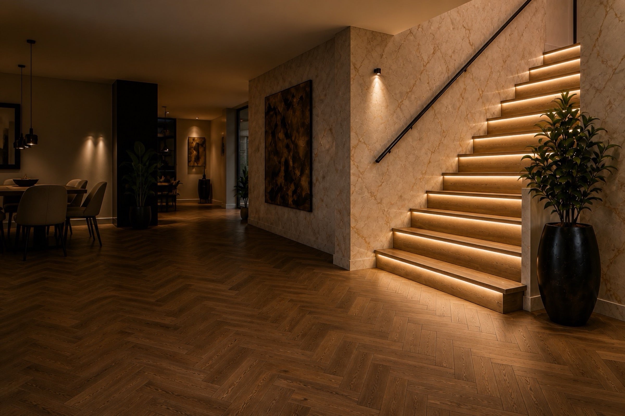 Warm interieur met visgraatvloer, marmeren wand en verlichte houten trap